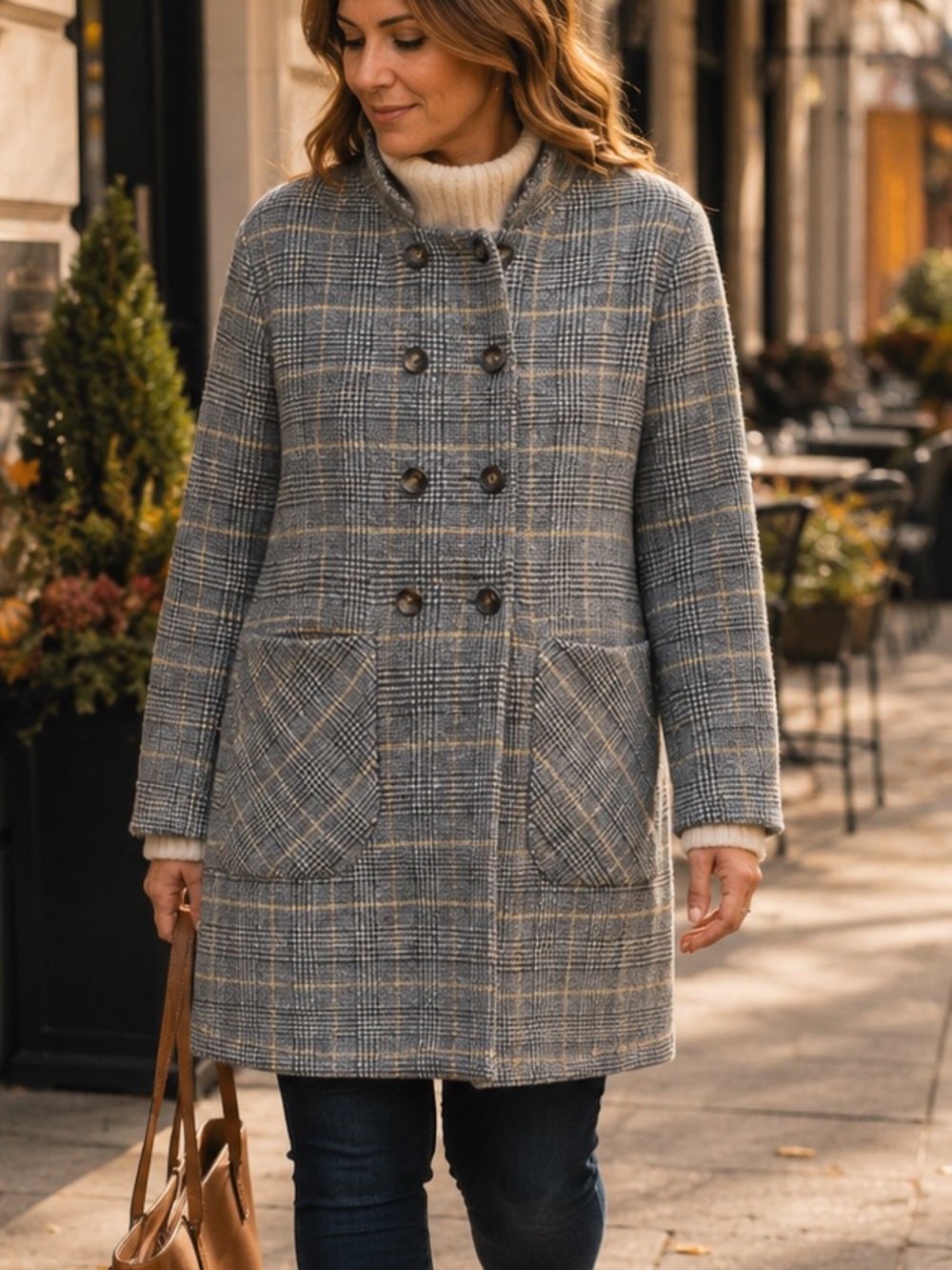 100% Wool Plaid Double Breasted Coat Gray Yellow Mid Length Jacket Large NWT
